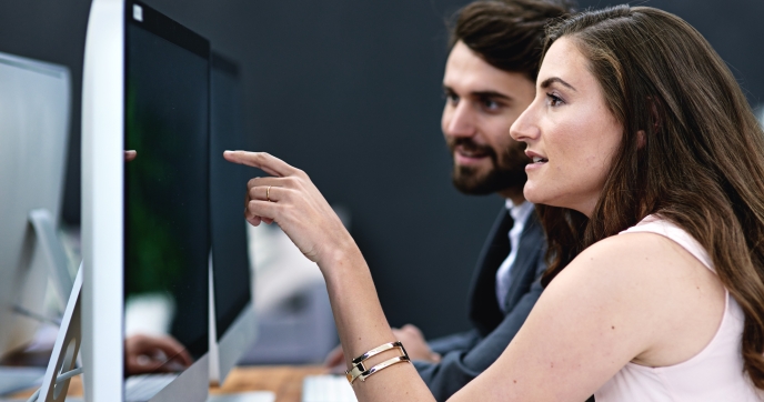 Two professionals looking at a computer screen