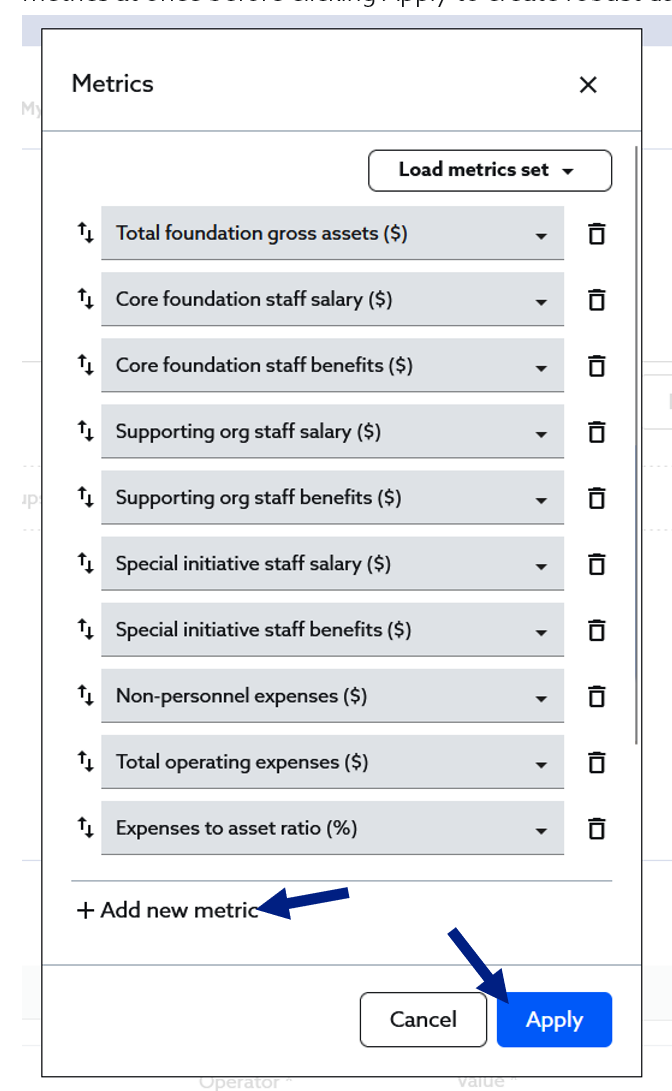 Add multiple metrics before clicking Apply